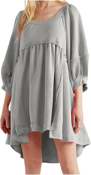 CHARTOU Women's Oversized Hoodies Dress Lantern 3/4 Sleeve Split Hem Dress Sweaters Pullover Y2K Outfit 2024