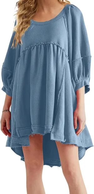 CHARTOU Women's Oversized Hoodies Dress Lantern 3/4 Sleeve Split Hem Dress Sweaters Pullover Y2K Outfit 2024