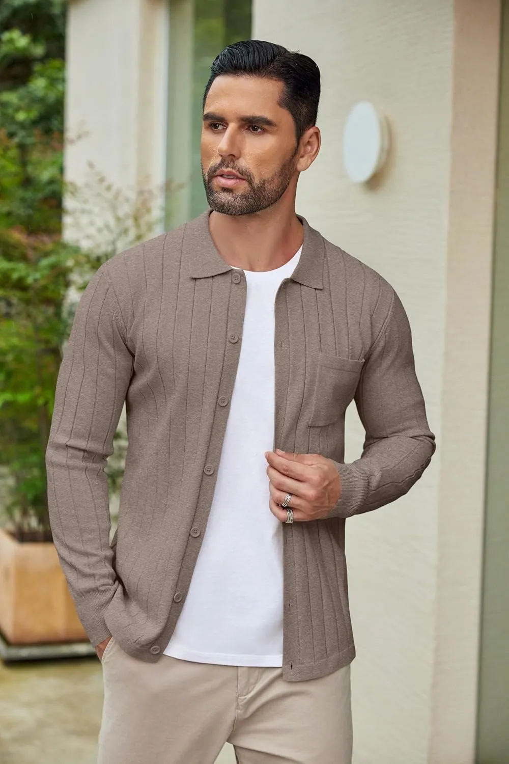 COOFANDY Men's Casual Knit Polo Shirts Long Sleeve Button Down Sweater Polo Ribbed Cardigan Sweater with Pocket