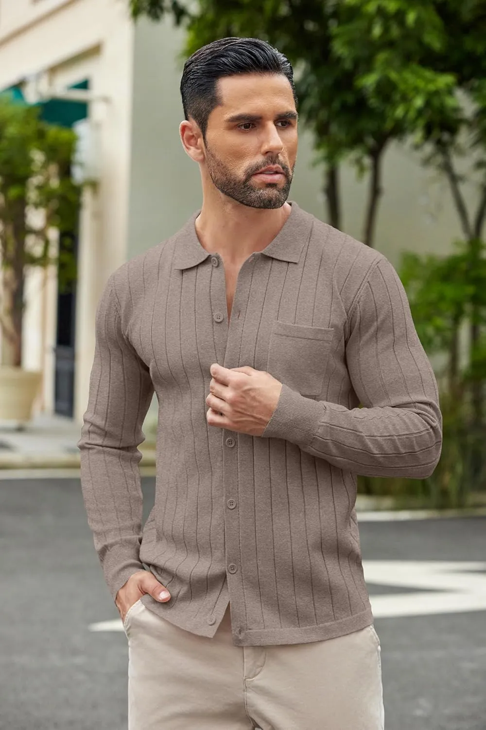 COOFANDY Men's Casual Knit Polo Shirts Long Sleeve Button Down Sweater Polo Ribbed Cardigan Sweater with Pocket