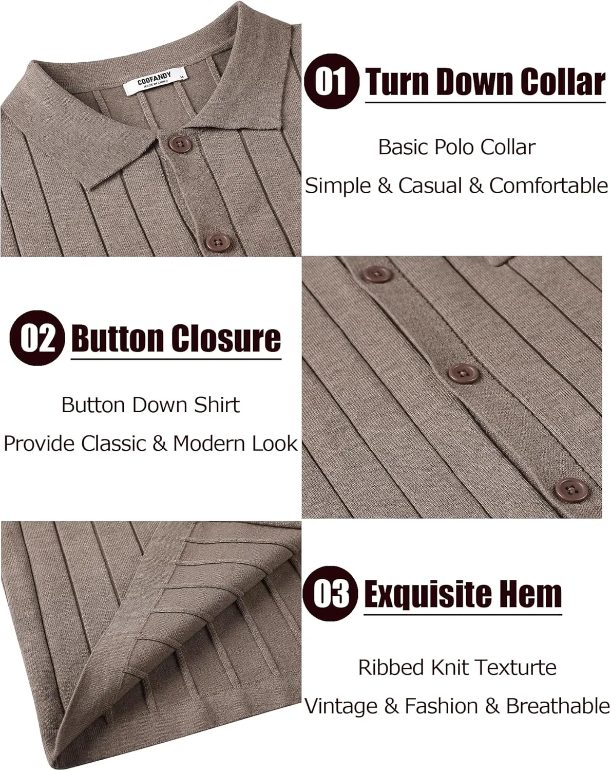 COOFANDY Men's Casual Knit Polo Shirts Long Sleeve Button Down Sweater Polo Ribbed Cardigan Sweater with Pocket