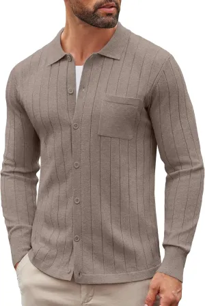 COOFANDY Men's Casual Knit Polo Shirts Long Sleeve Button Down Sweater Polo Ribbed Cardigan Sweater with Pocket