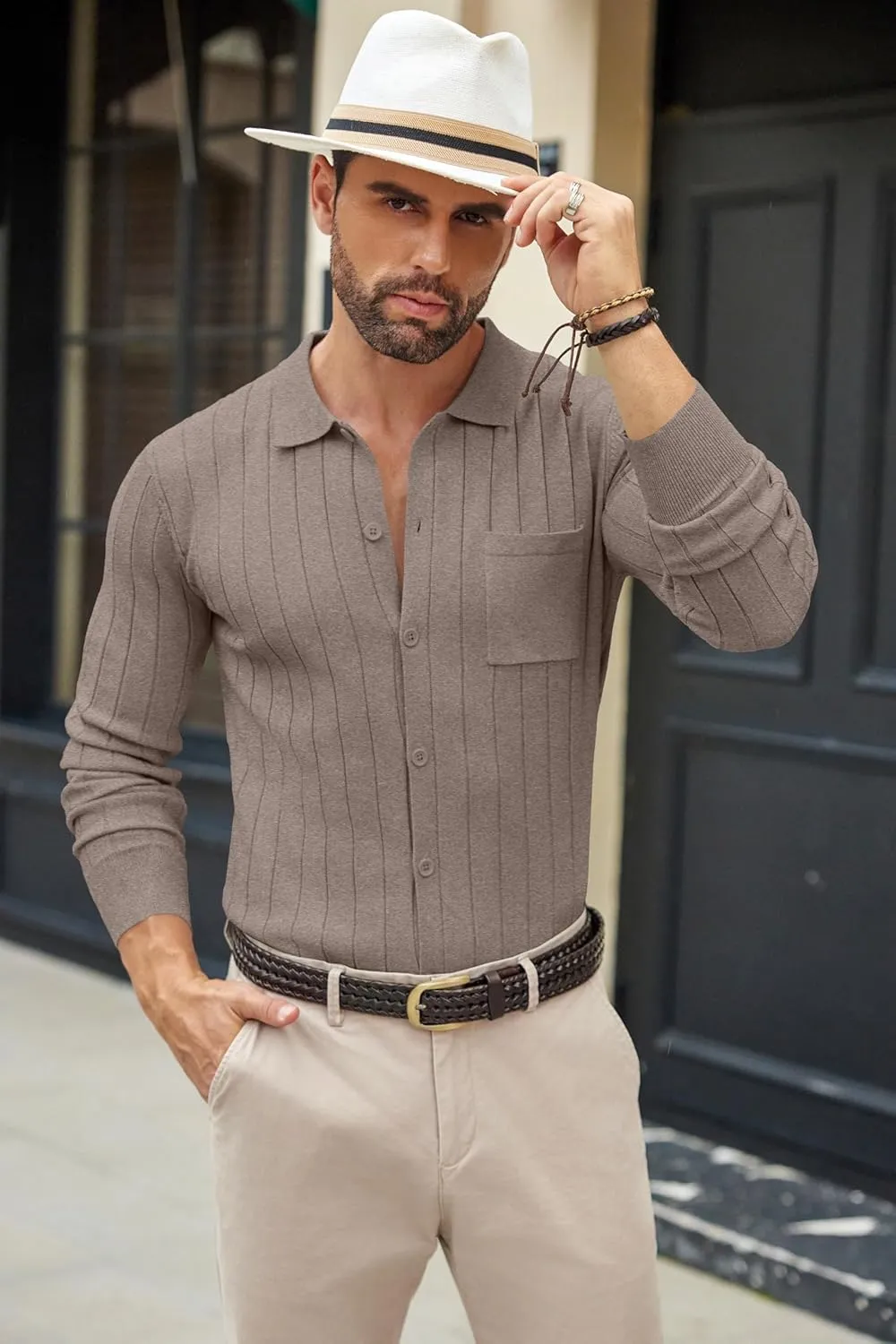 COOFANDY Men's Casual Knit Polo Shirts Long Sleeve Button Down Sweater Polo Ribbed Cardigan Sweater with Pocket