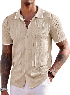 COOFANDY Men's Knit Shirts Short Sleeve Button Down Polo Shirt Fashion Casual Summer Beach Shirts