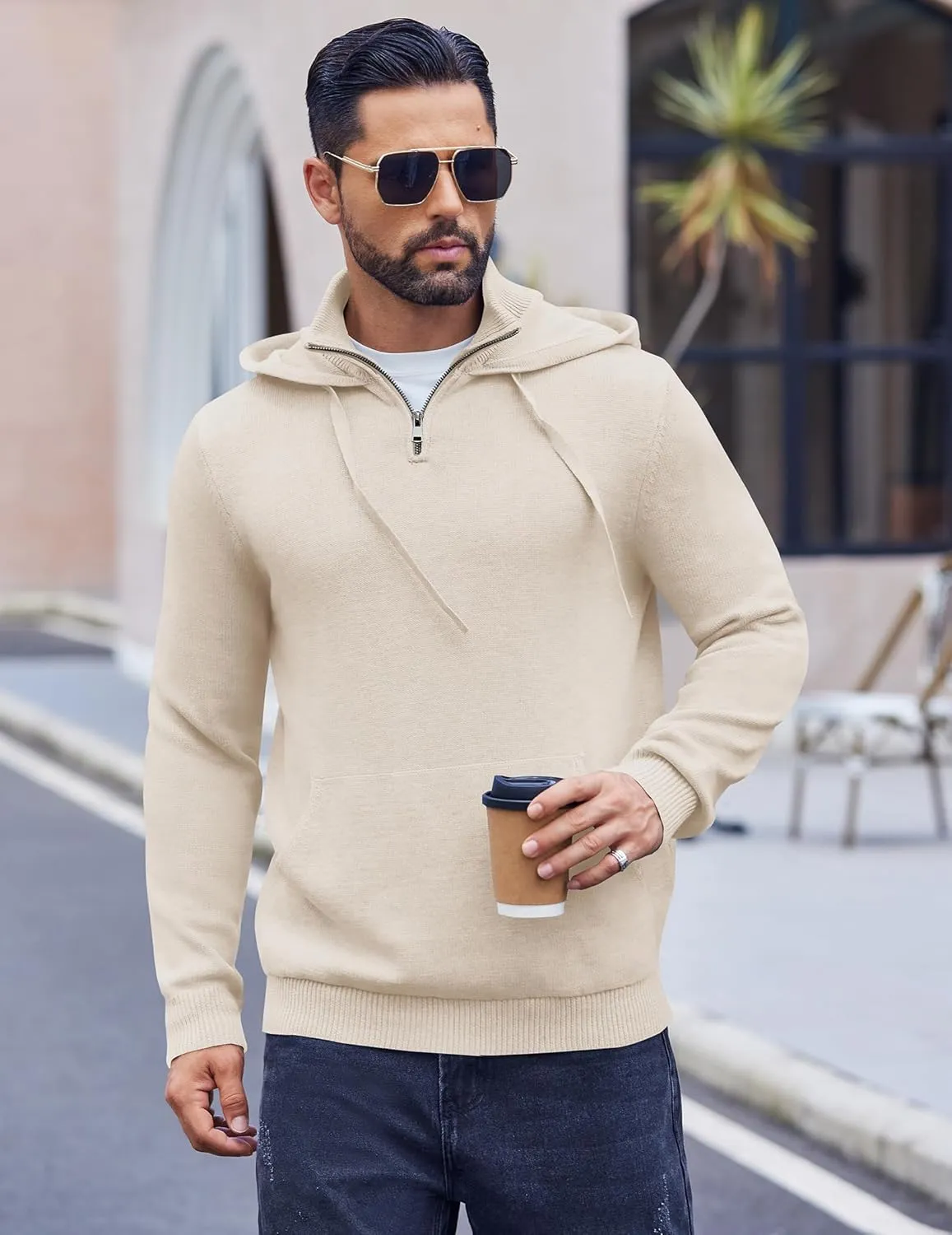 COOFANDY Mens Knitted Hoodie Sweater Long Sleeve Turtleneck Quarter Zip Pullover Sweaters with Pocket