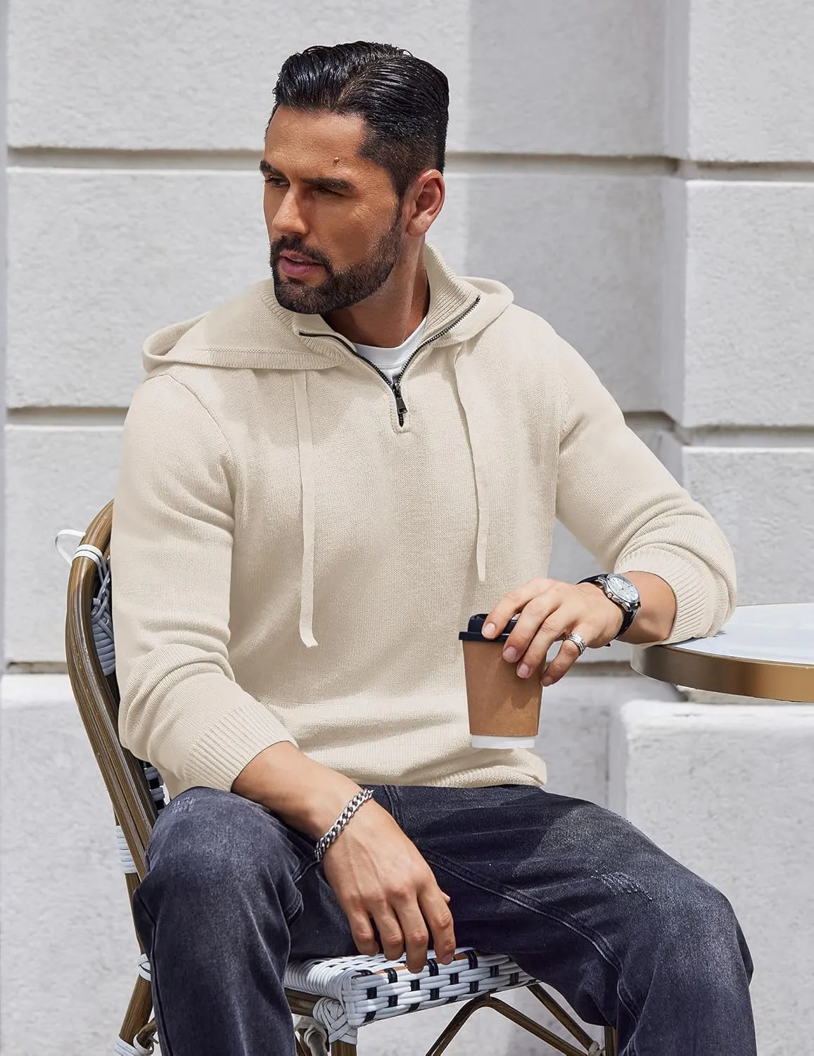 COOFANDY Mens Knitted Hoodie Sweater Long Sleeve Turtleneck Quarter Zip Pullover Sweaters with Pocket