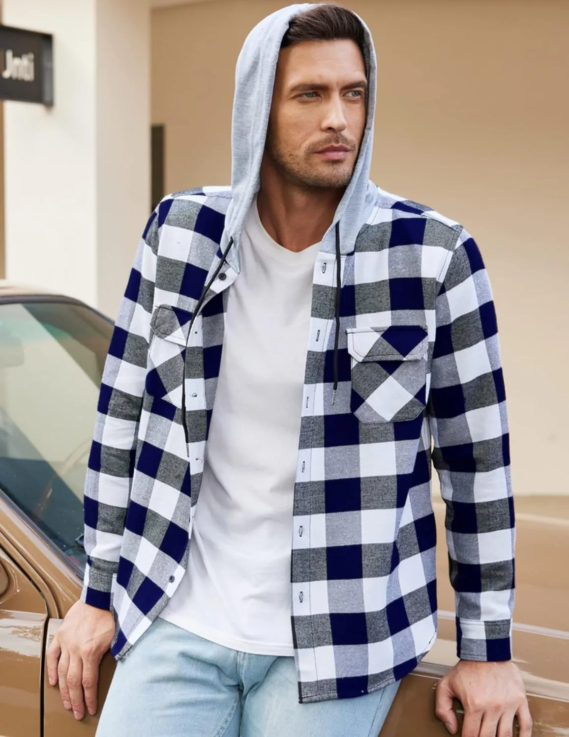 COOFANDY Men's Plaid Hoodie Flannel Shirt Jacket Long Sleeve Casual Fashion Button Shirts