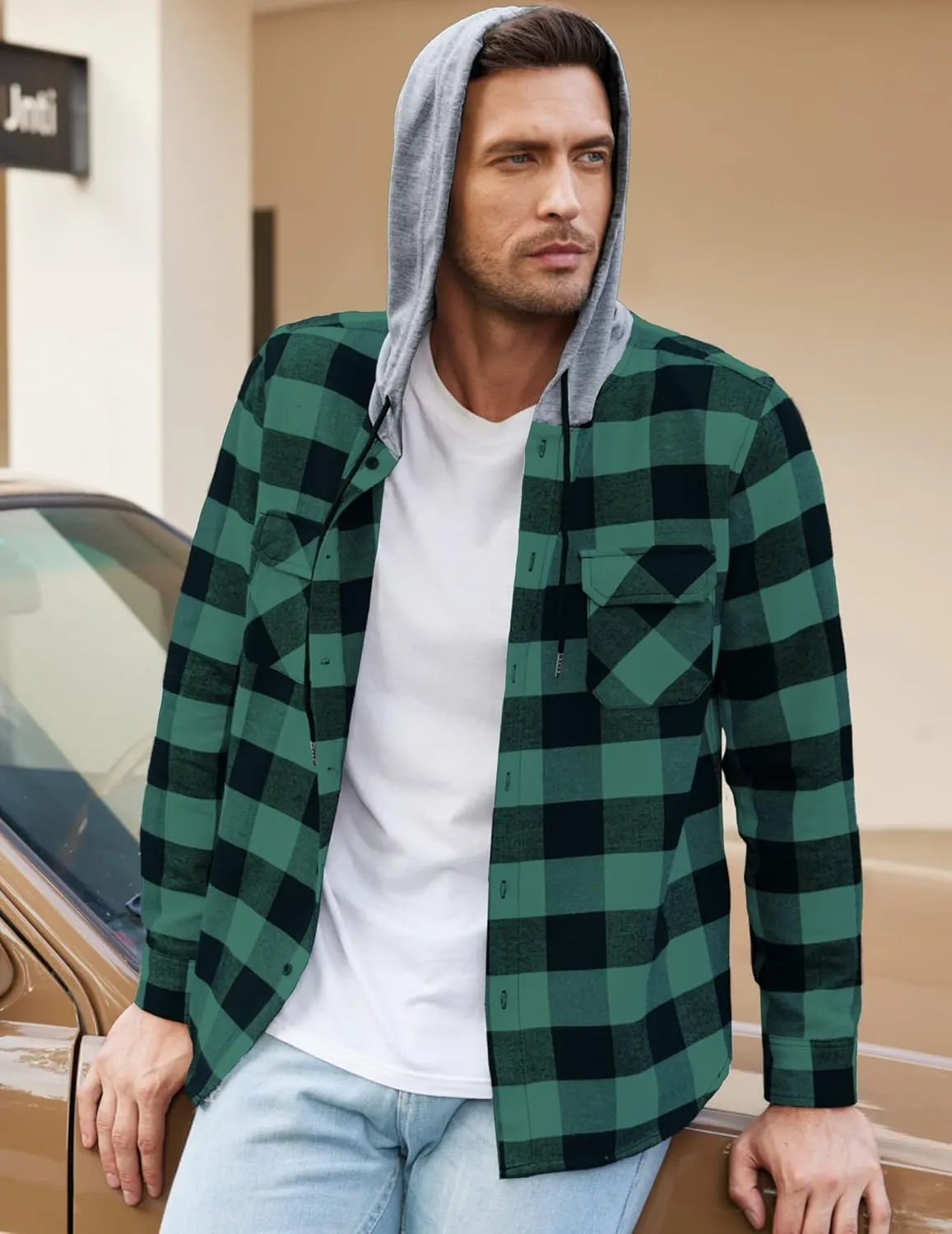 COOFANDY Men's Plaid Hoodie Flannel Shirt Jacket Long Sleeve Casual Fashion Button Shirts