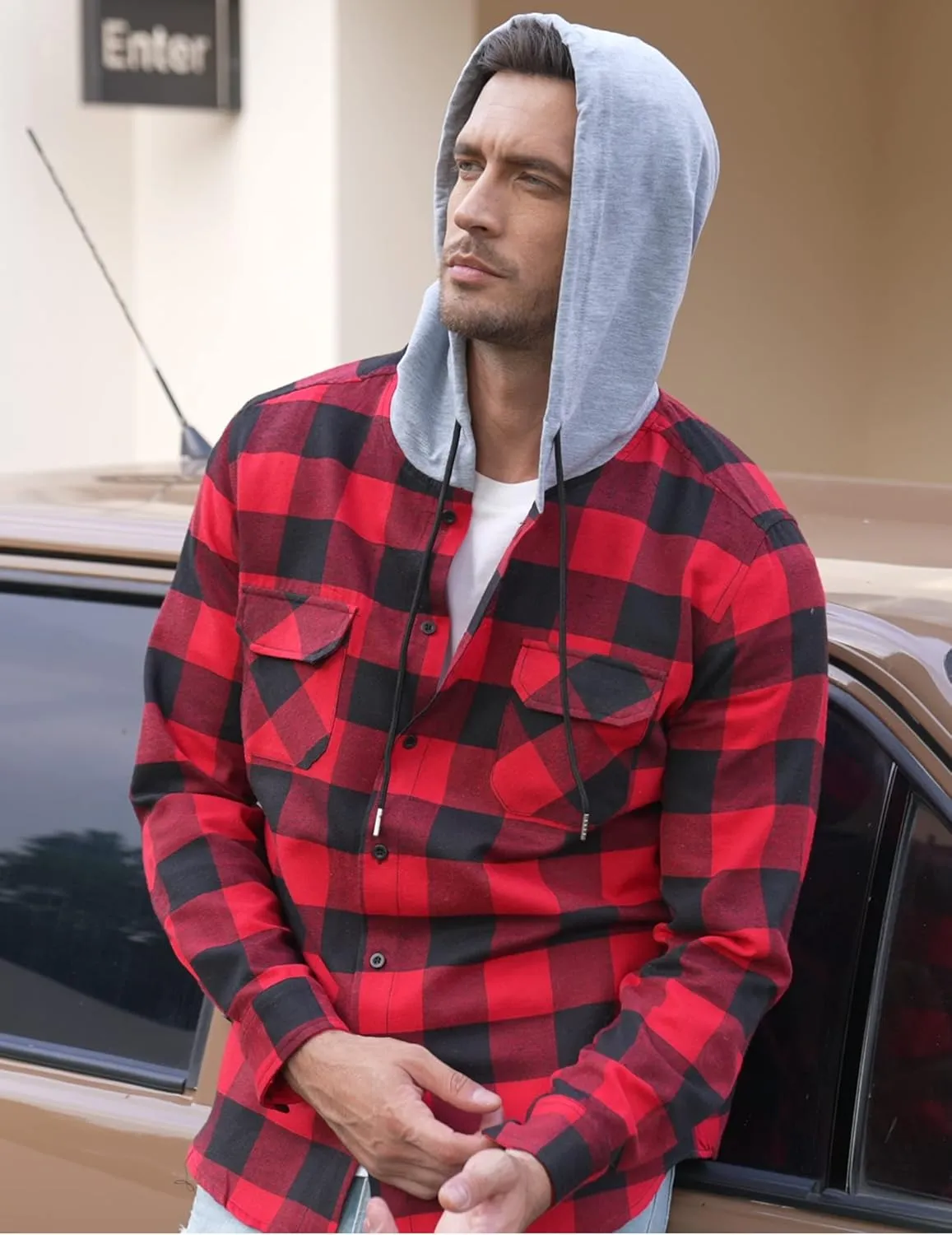 COOFANDY Men's Plaid Hoodie Flannel Shirt Jacket Long Sleeve Casual Fashion Button Shirts