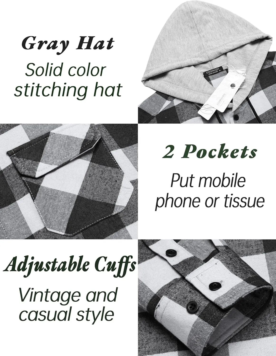 COOFANDY Men's Plaid Hoodie Flannel Shirt Jacket Long Sleeve Casual Fashion Button Shirts