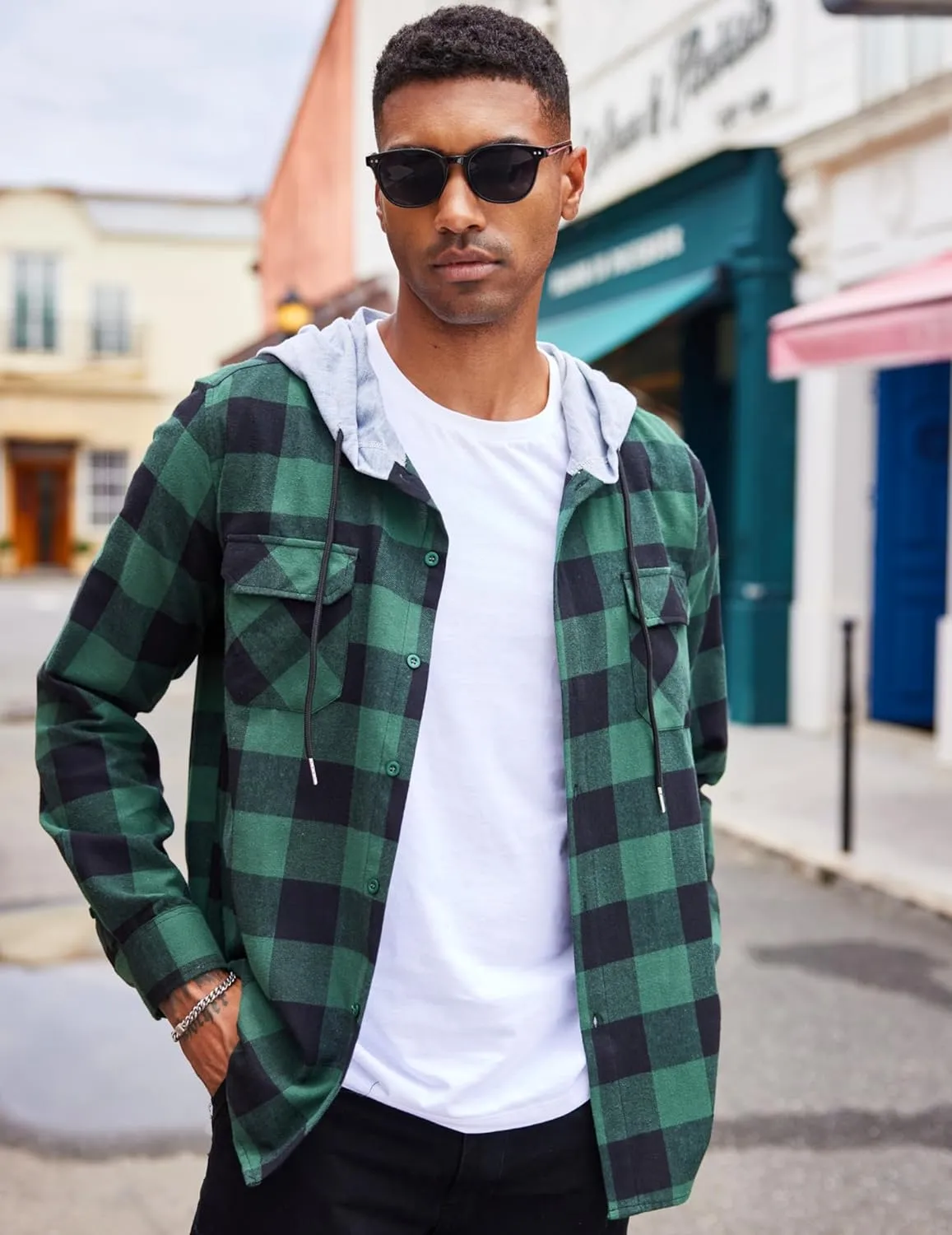 COOFANDY Men's Plaid Hoodie Flannel Shirt Jacket Long Sleeve Casual Fashion Button Shirts