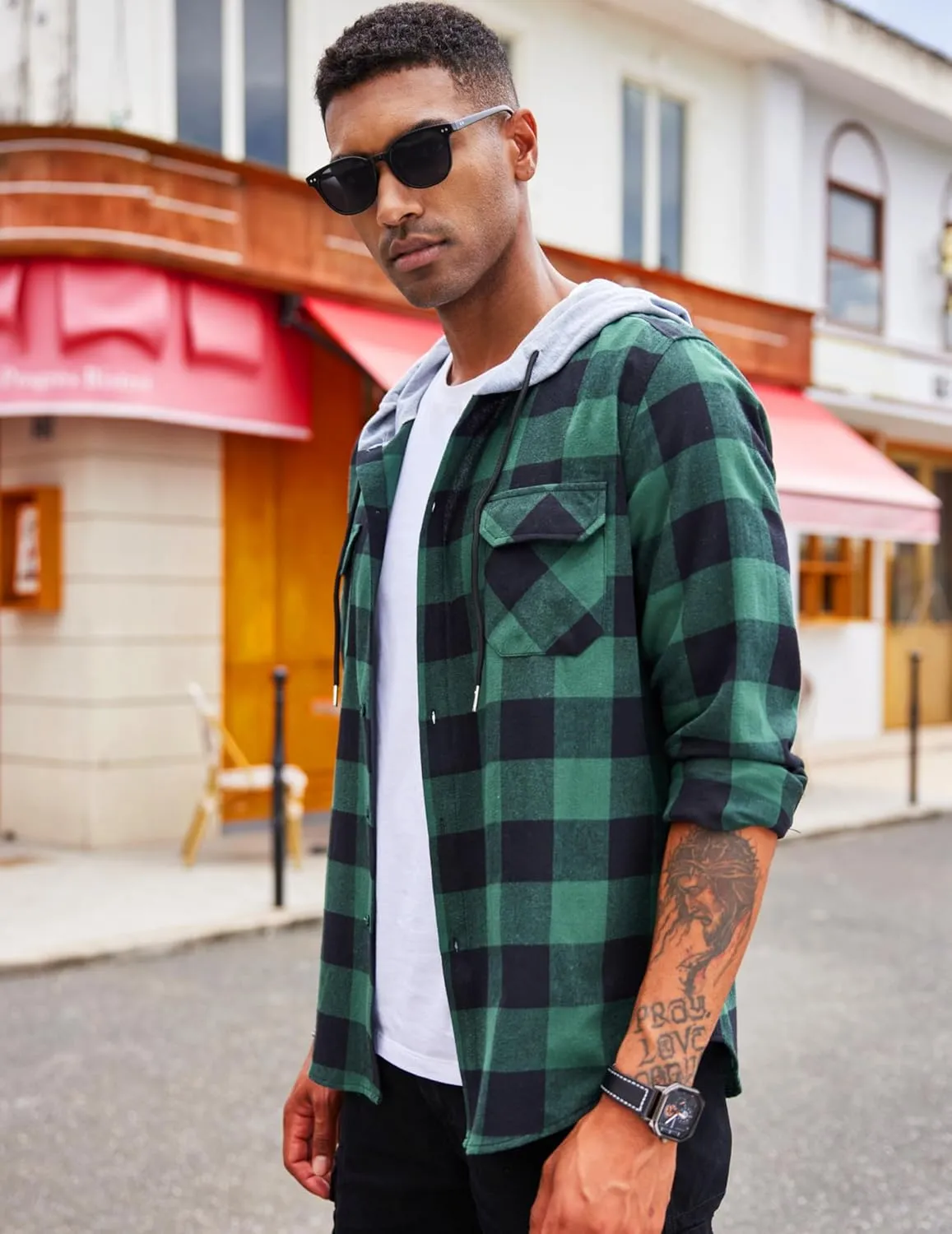 COOFANDY Men's Plaid Hoodie Flannel Shirt Jacket Long Sleeve Casual Fashion Button Shirts