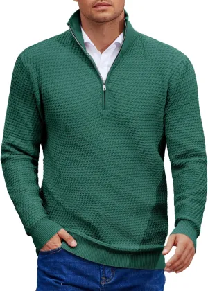 COOFANDY Mens Quarter Zip Pullover Sweater Slim Fit Waffle Mock Turtleneck Polo Sweater Casual Long Sleeve Sweatshirt
