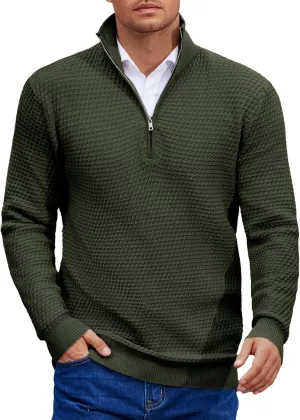 COOFANDY Mens Quarter Zip Pullover Sweater Slim Fit Waffle Mock Turtleneck Polo Sweater Casual Long Sleeve Sweatshirt