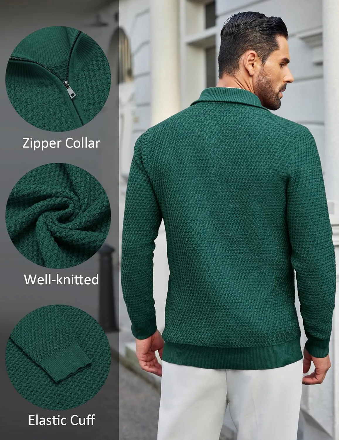 COOFANDY Mens Quarter Zip Pullover Sweater Slim Fit Waffle Mock Turtleneck Polo Sweater Casual Long Sleeve Sweatshirt