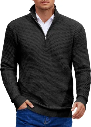 COOFANDY Mens Quarter Zip Pullover Sweater Slim Fit Waffle Mock Turtleneck Polo Sweater Casual Long Sleeve Sweatshirt