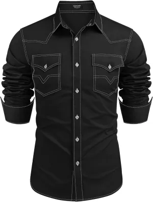 COOFANDY Men's Western Cowboy Shirts Long Sleeve Cotton Casual Button Down Work Shirt with Pockets
