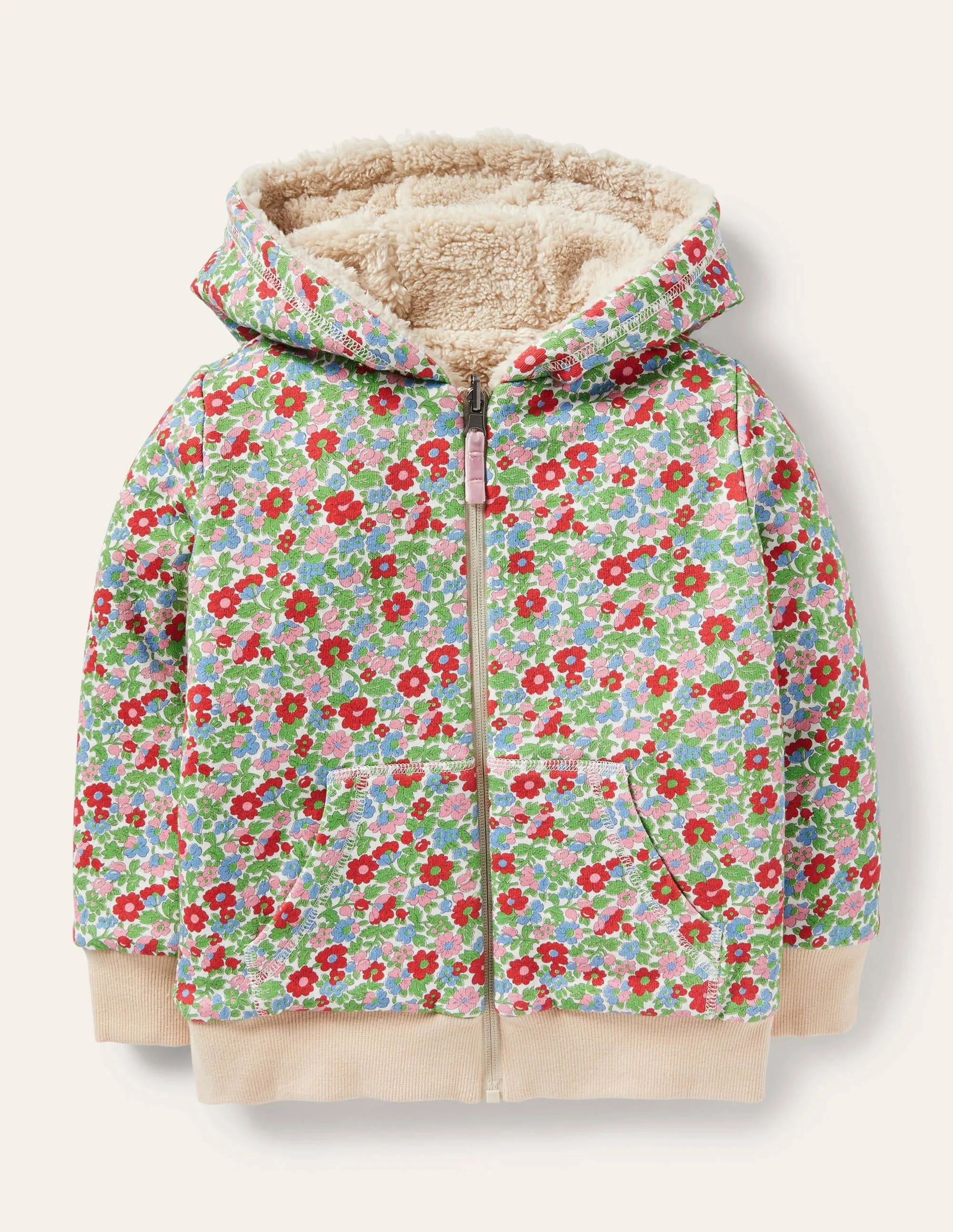 Cosy Borg Reversible Hoodie-Natural/ Vintage Floral