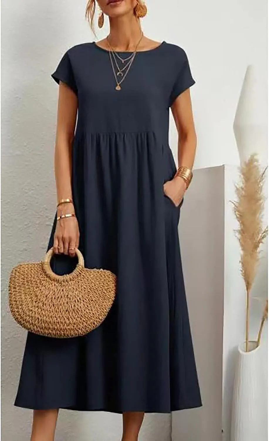 Cotton Dresses for Women 2024 Summer Linen Causal Maxi Shirt Dress Ladies Short Sleeve T-Shirt Sundress with Pockets