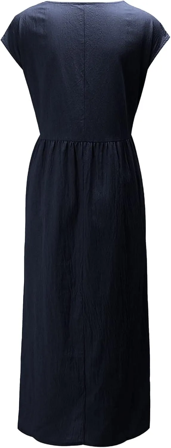 Cotton Dresses for Women 2024 Summer Linen Causal Maxi Shirt Dress Ladies Short Sleeve T-Shirt Sundress with Pockets