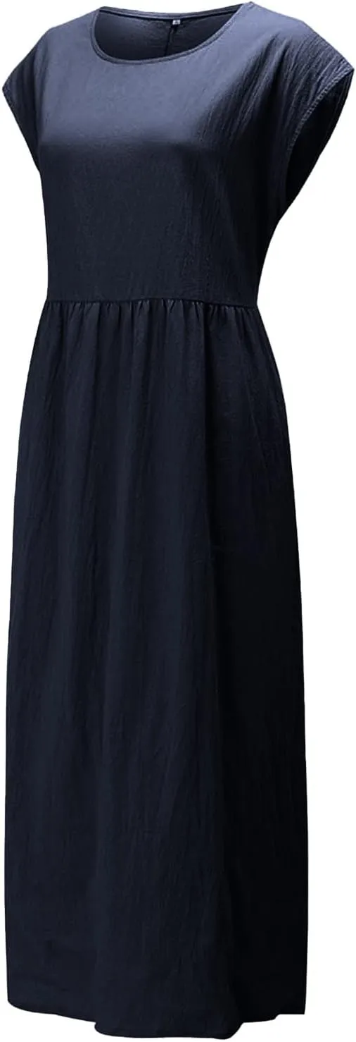 Cotton Dresses for Women 2024 Summer Linen Causal Maxi Shirt Dress Ladies Short Sleeve T-Shirt Sundress with Pockets