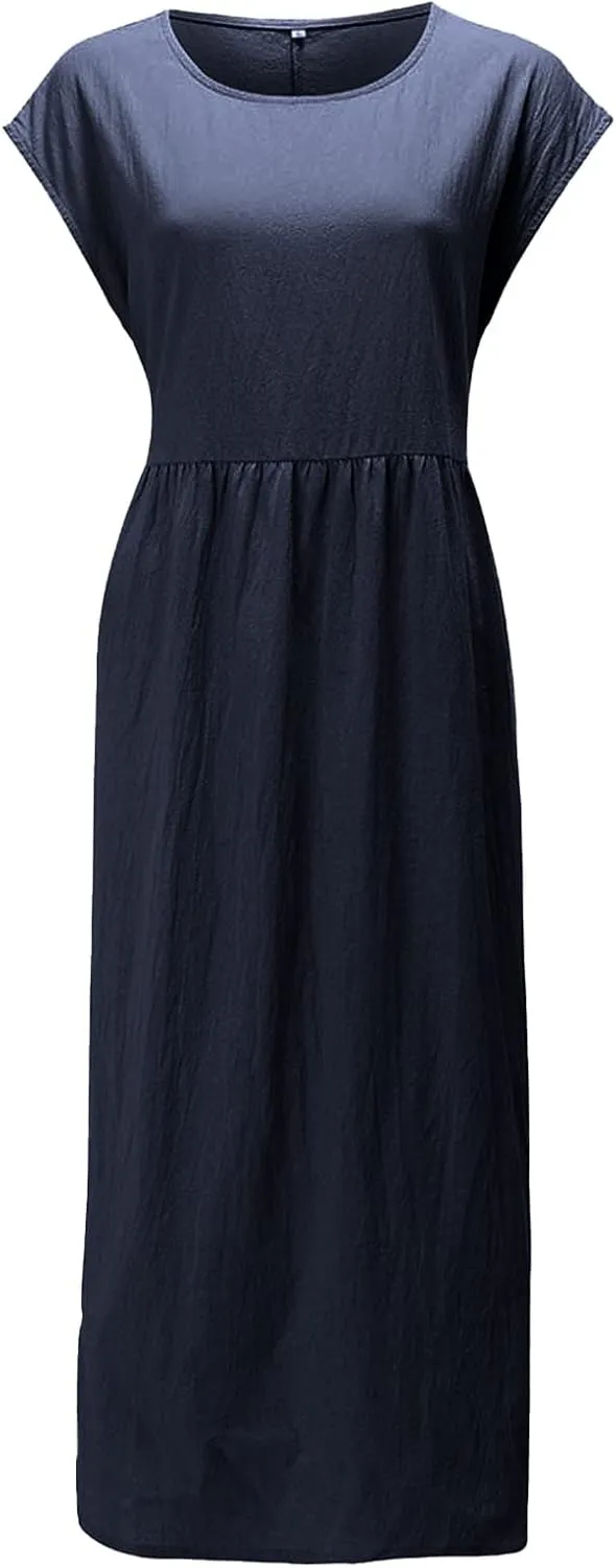 Cotton Dresses for Women 2024 Summer Linen Causal Maxi Shirt Dress Ladies Short Sleeve T-Shirt Sundress with Pockets