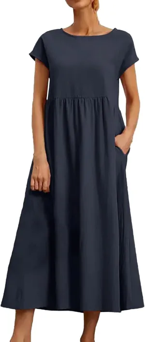 Cotton Dresses for Women 2024 Summer Linen Causal Maxi Shirt Dress Ladies Short Sleeve T-Shirt Sundress with Pockets