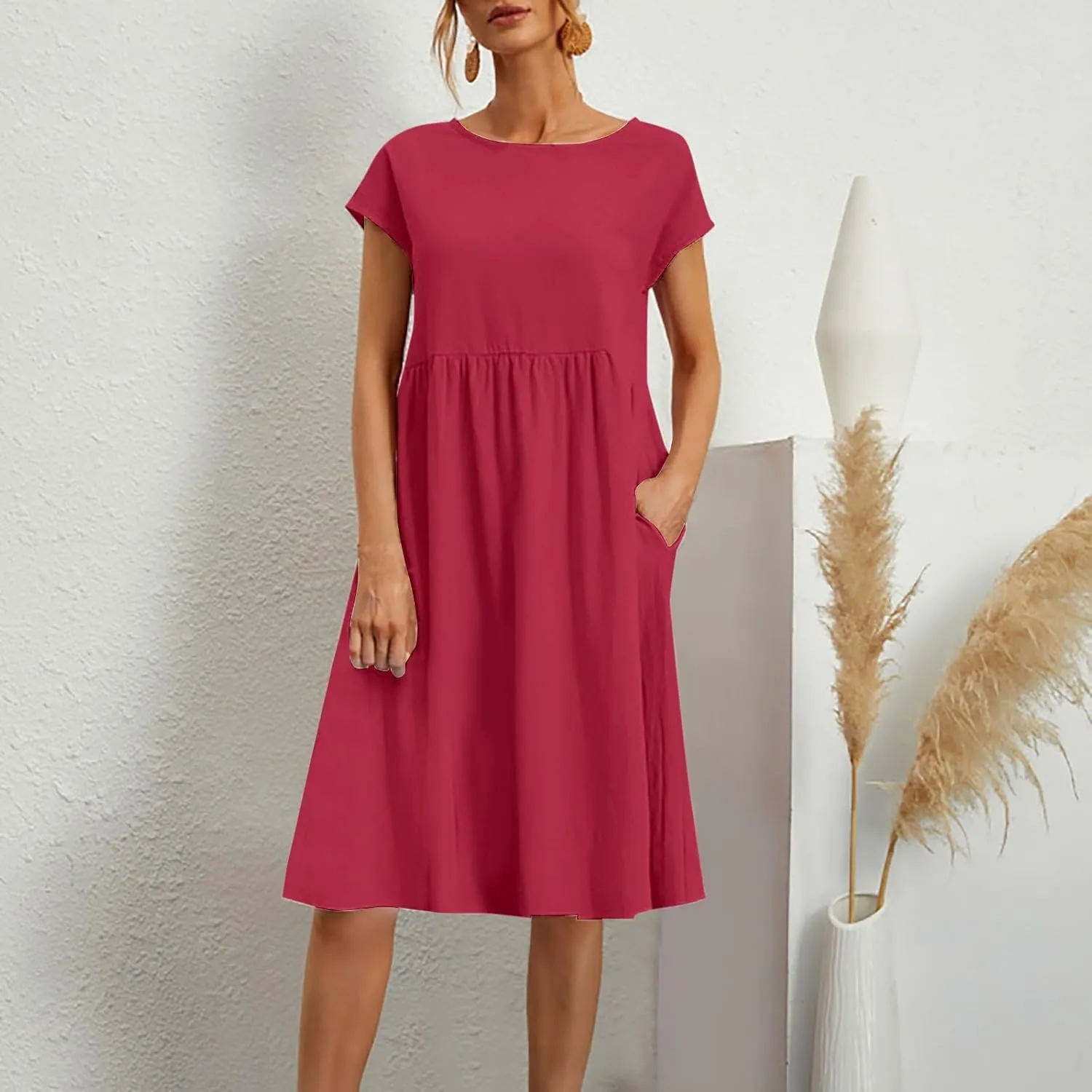 Cotton Linen Dress for Women Summer Trendy Short Sleeve Crew Neck Sexy Plus Size Loose Vacation Dress with Pocket