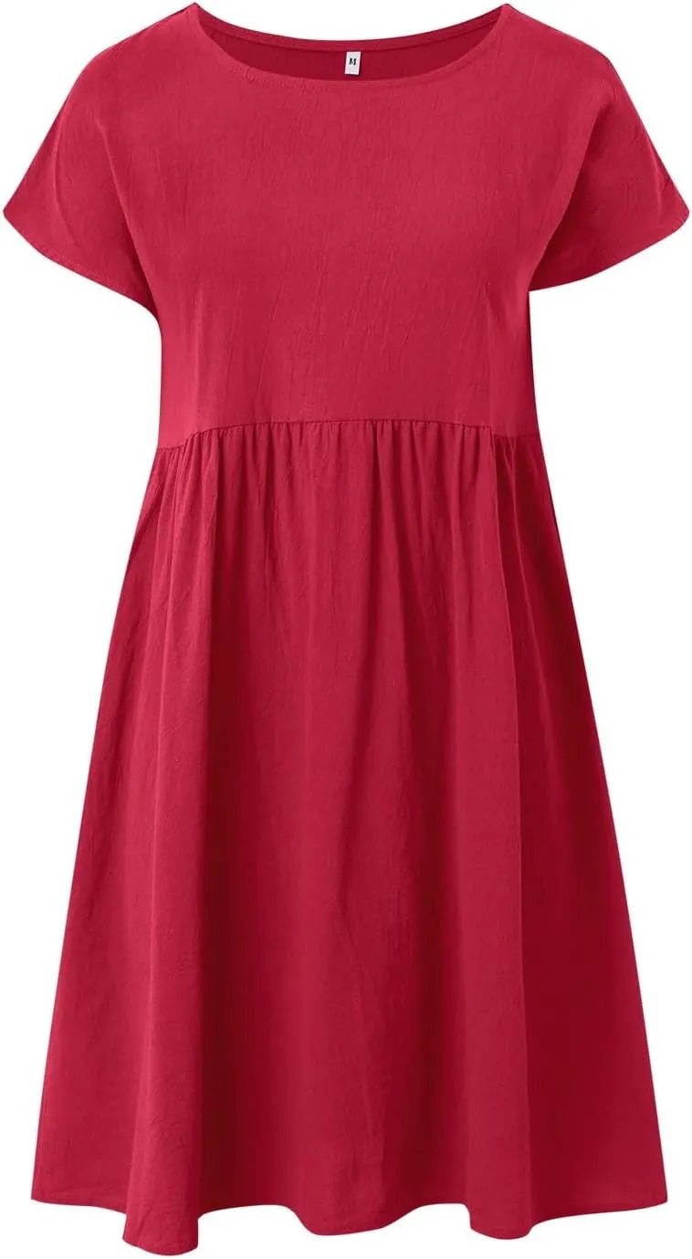 Cotton Linen Dress for Women Summer Trendy Short Sleeve Crew Neck Sexy Plus Size Loose Vacation Dress with Pocket