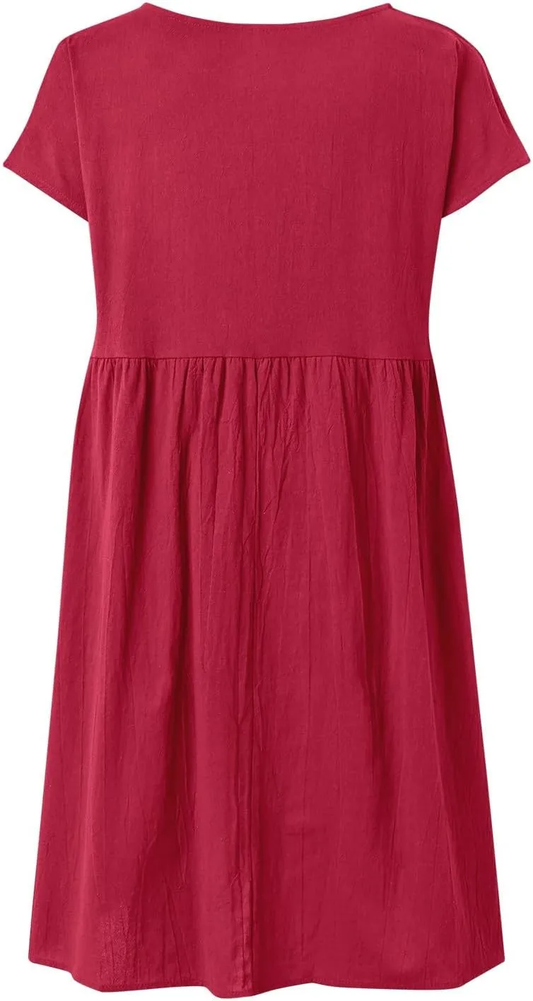 Cotton Linen Dress for Women Summer Trendy Short Sleeve Crew Neck Sexy Plus Size Loose Vacation Dress with Pocket