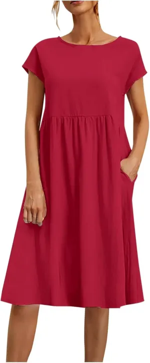 Cotton Linen Dress for Women Summer Trendy Short Sleeve Crew Neck Sexy Plus Size Loose Vacation Dress with Pocket