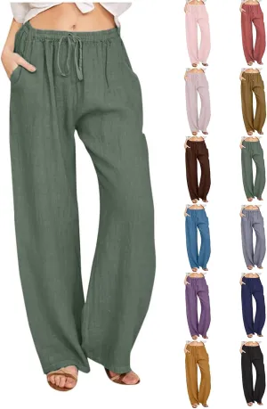Cotton Linen Palazzo Pants for Women Casual Summer Boho Pants Lightweight High Waisted Wide Leg Pants with Pockets