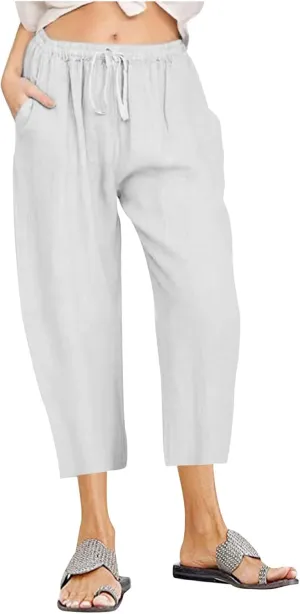 Cotton Linen Pants for Women 2025 Wide Leg Cropped Pant Drawstring Elastic Waist Lounge Trousers Summer Beach Outfits