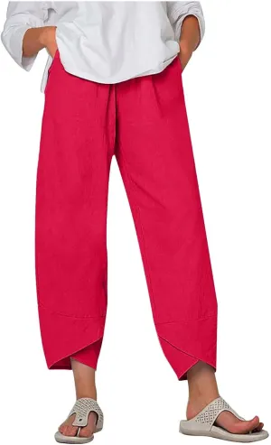 Cotton Linen Pants for Women Summer 2025 Casual Elastic Waist Cropped Trousers Beach Boho Capris Pants with Pockets