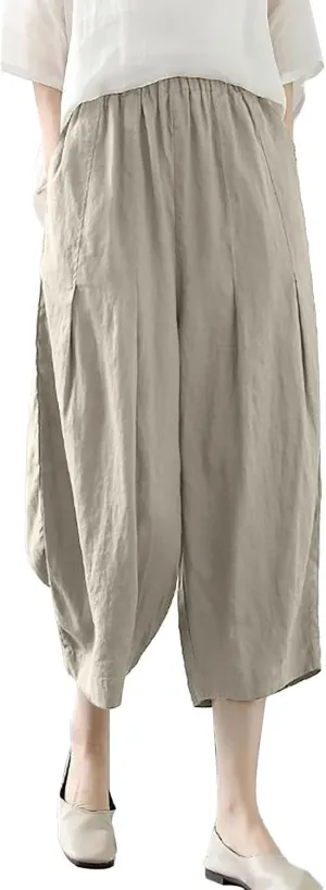 Cotton Linen Pants for Women Summer Casual Capri Pants Waist Elastic Comfy Loose Women's Palazzo Trousers with Pockets