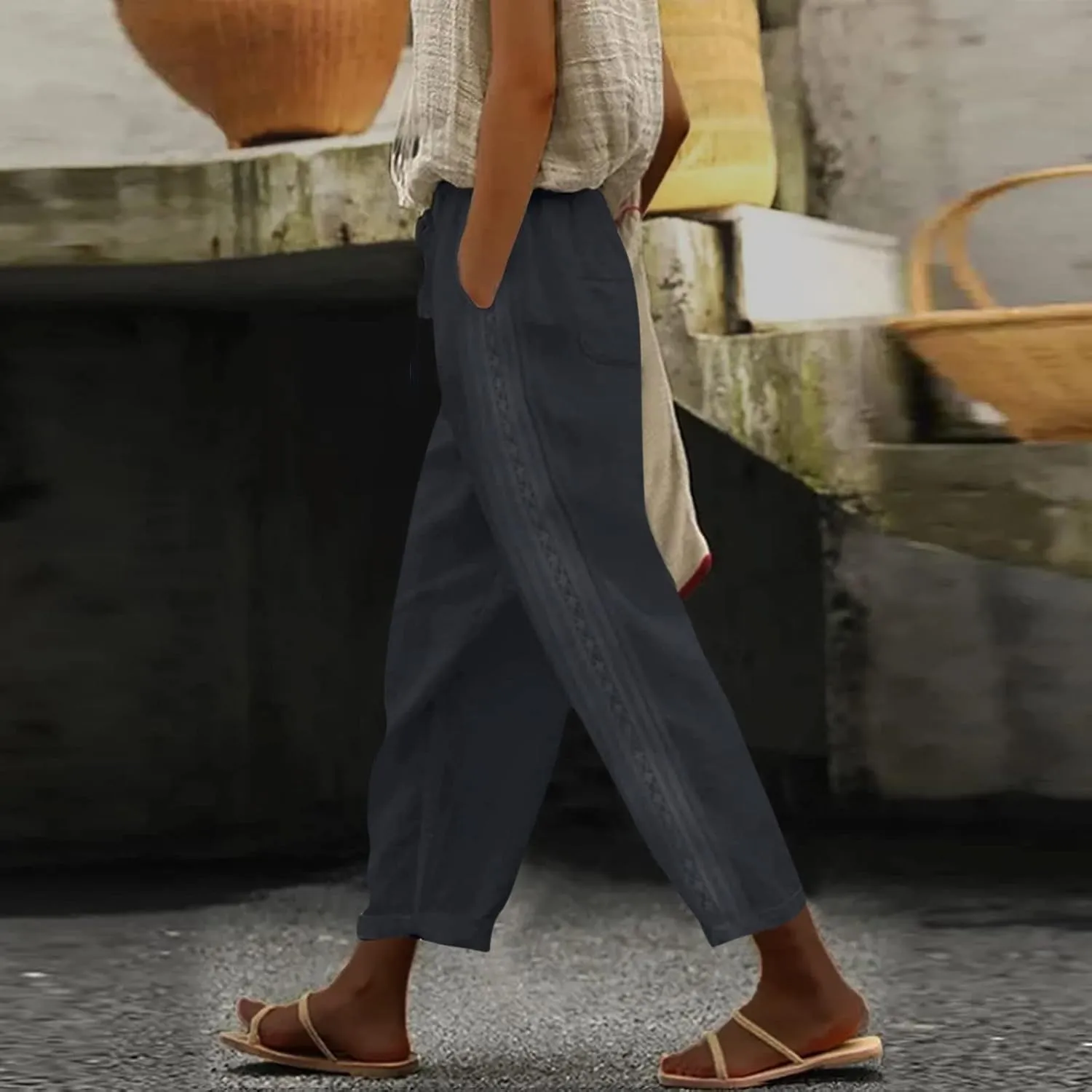 Cotton Linen Pants for Women Summer Casual Drawstring Waist Pants Loose Lace Breathable Vintage Trousers with Pockets