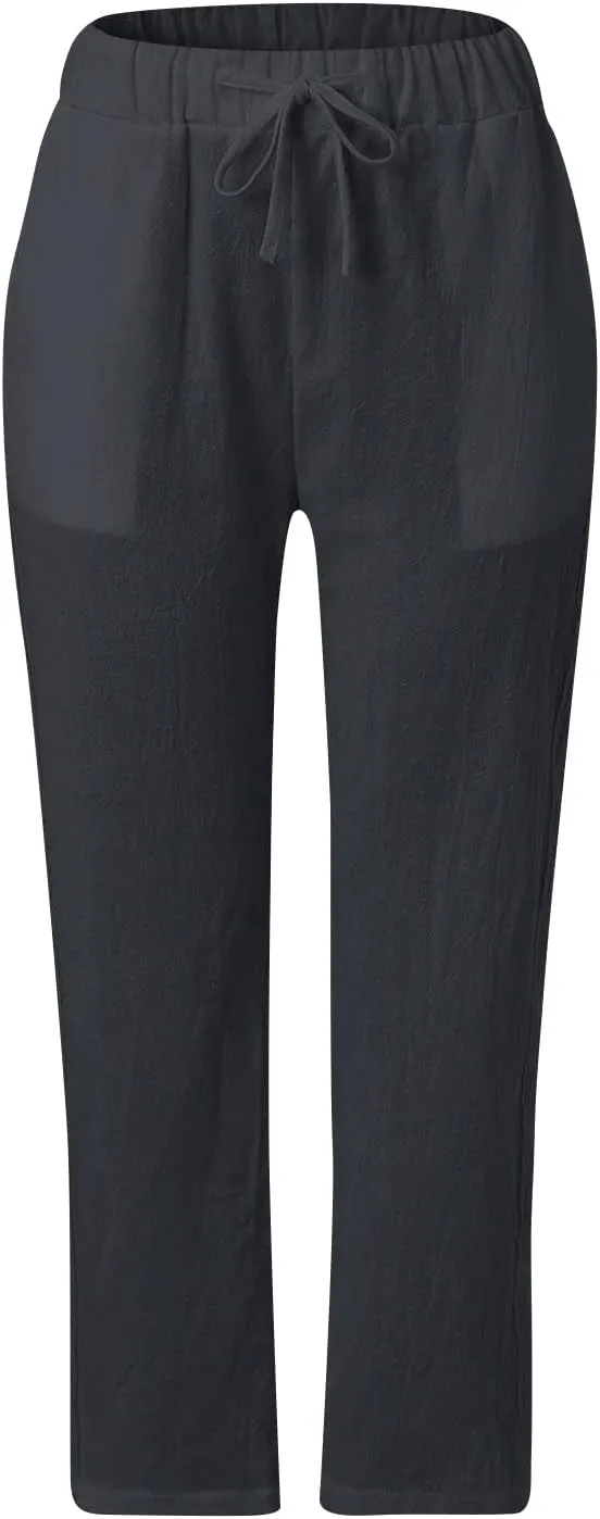 Cotton Linen Pants for Women Summer Casual Drawstring Waist Pants Loose Lace Breathable Vintage Trousers with Pockets
