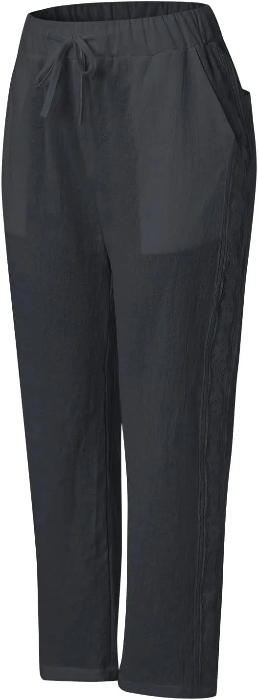 Cotton Linen Pants for Women Summer Casual Drawstring Waist Pants Loose Lace Breathable Vintage Trousers with Pockets