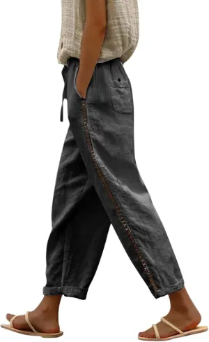 Cotton Linen Pants Women Summer Elastic Waist Loose Straight Leg Capri Pants Side Hollow Beach Trousers with Pockets