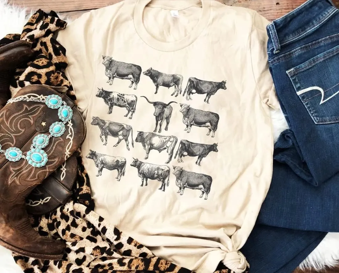 Cow Shirts for Women Western Country Cowgirl T-Shirt Retro Animal Bull Graphic Farm Life Tee Casual Short Sleeve Top