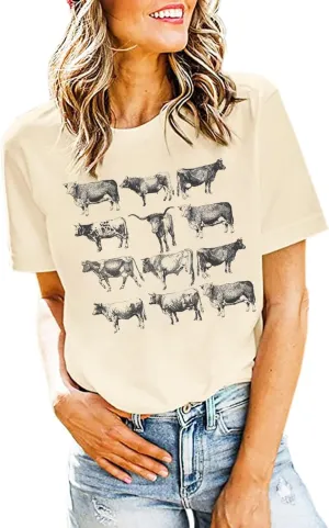 Cow Shirts for Women Western Country Cowgirl T-Shirt Retro Animal Bull Graphic Farm Life Tee Casual Short Sleeve Top