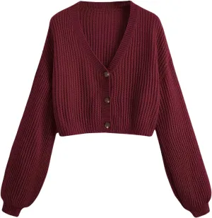 COZYEASE Women's Long Sleeve Button Down Crop Cardigan Sweater Ribbed Knit V Neck Sweater Knit Bolero Shrug