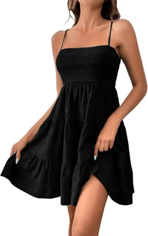 CRNTCEM Women's 2024 Summer Swing Mini Dress Smocked Backless Flowy A Line Sundress Sleeveless Party Swing Mini Dress