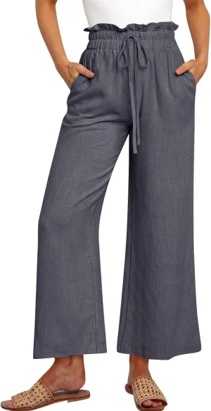 Cropped Wide Leg Linen Pants for Women Drawstring Elastic Waist Paperbag Pants Casual Loose Summer Beach Trousers