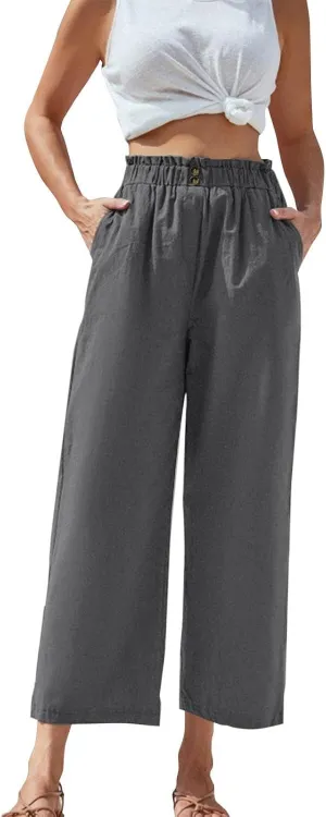 Cropped Wide Leg Linen Pants for Women Paperbag High Waisted Palazzo Pants Button Down Beach Trousers with Pockets