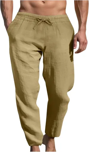 Ctreela Men's Summer Linen Pants Casual Lightweight Drawstring Elastic Waist Beach Pants Straight Leg Breathable Yoga Pants