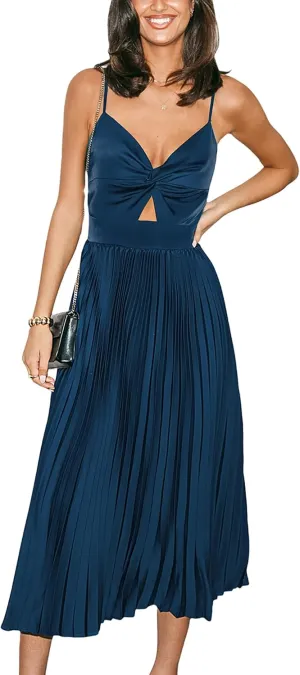 CUPSHE Midi Dress for Women 2025 Party Spaghetti Straps Sleeveless Pleated Cutout Formal Dress