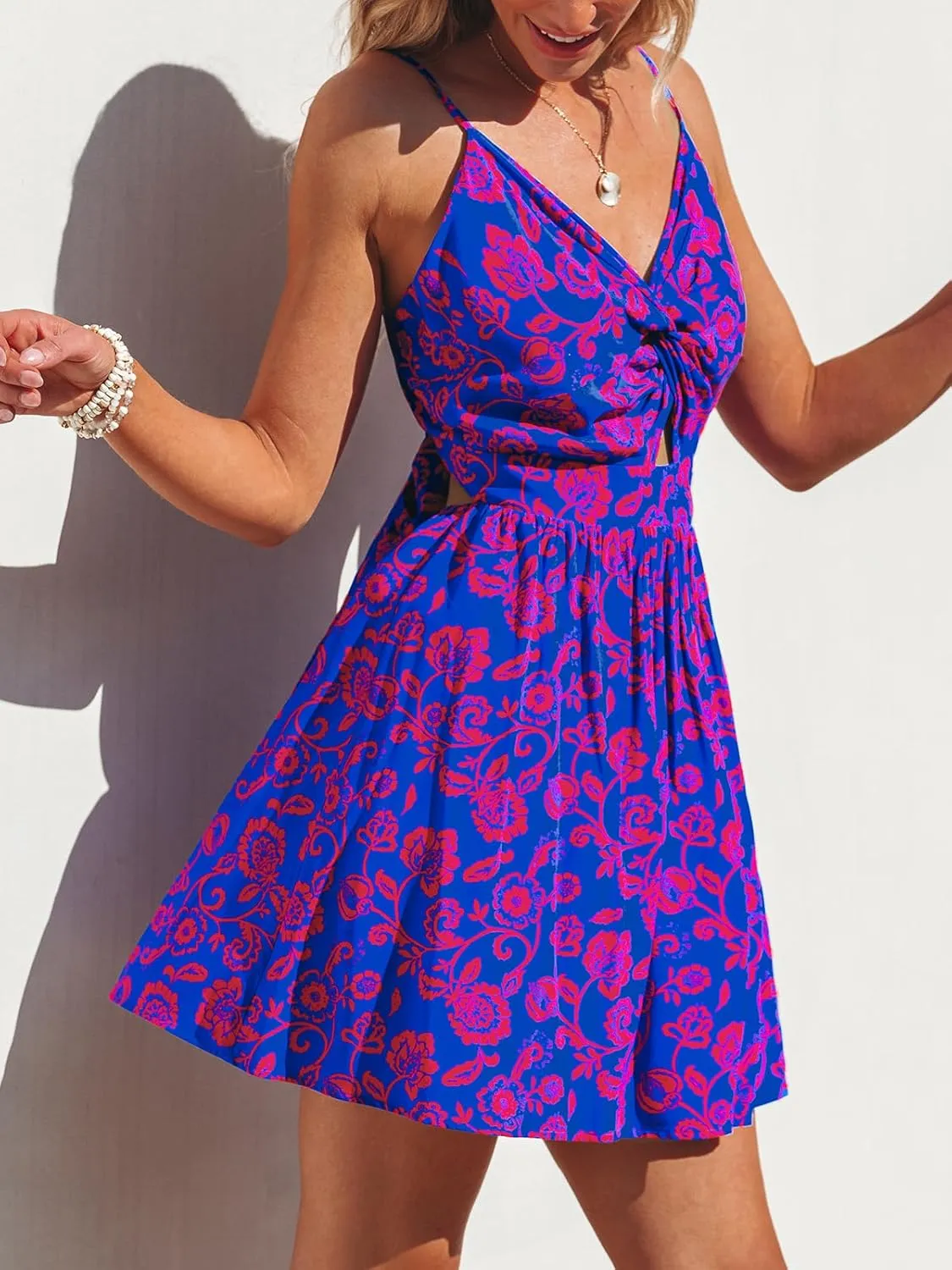 CUPSHE Women's Mini Dress Floral Twisted V Neck Sleeveless Short Dress Pleated Self Tie Back Mini Dress