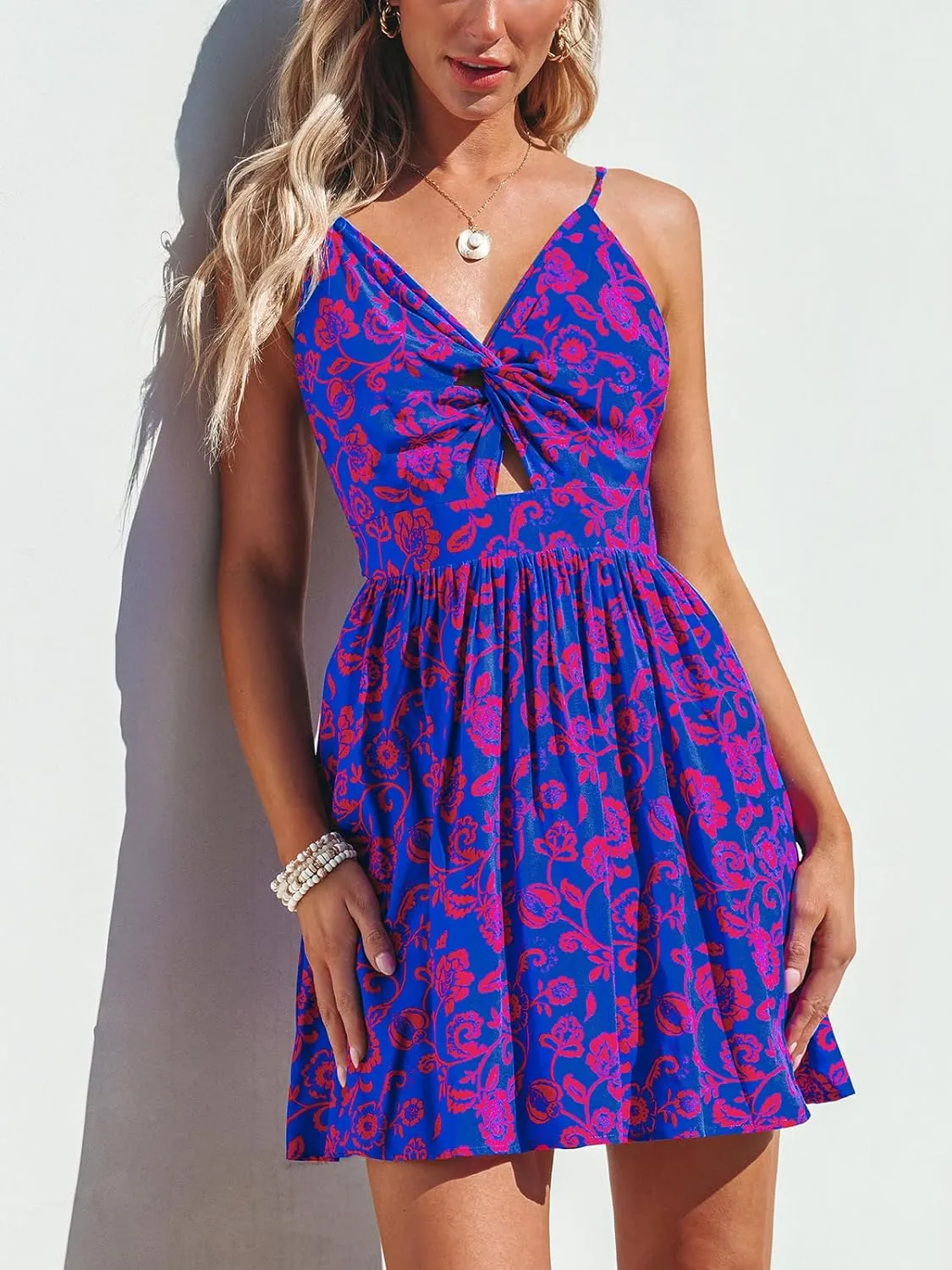 CUPSHE Women's Mini Dress Floral Twisted V Neck Sleeveless Short Dress Pleated Self Tie Back Mini Dress
