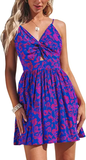 CUPSHE Women's Mini Dress Floral Twisted V Neck Sleeveless Short Dress Pleated Self Tie Back Mini Dress